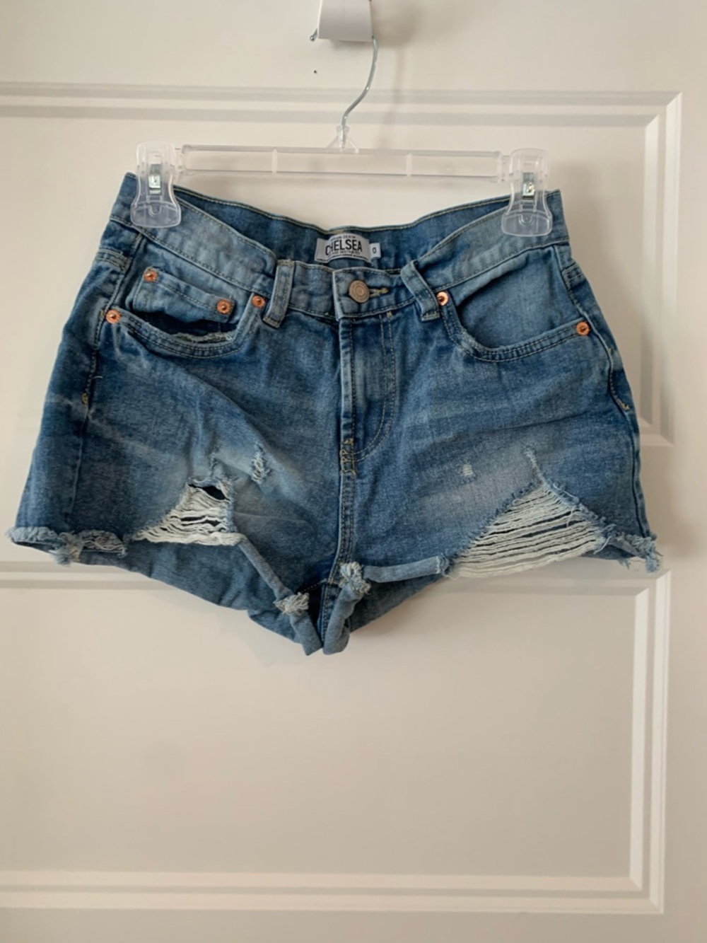 Chelsea Mid-Rise Ripped Denim Jean Shorts - Blue